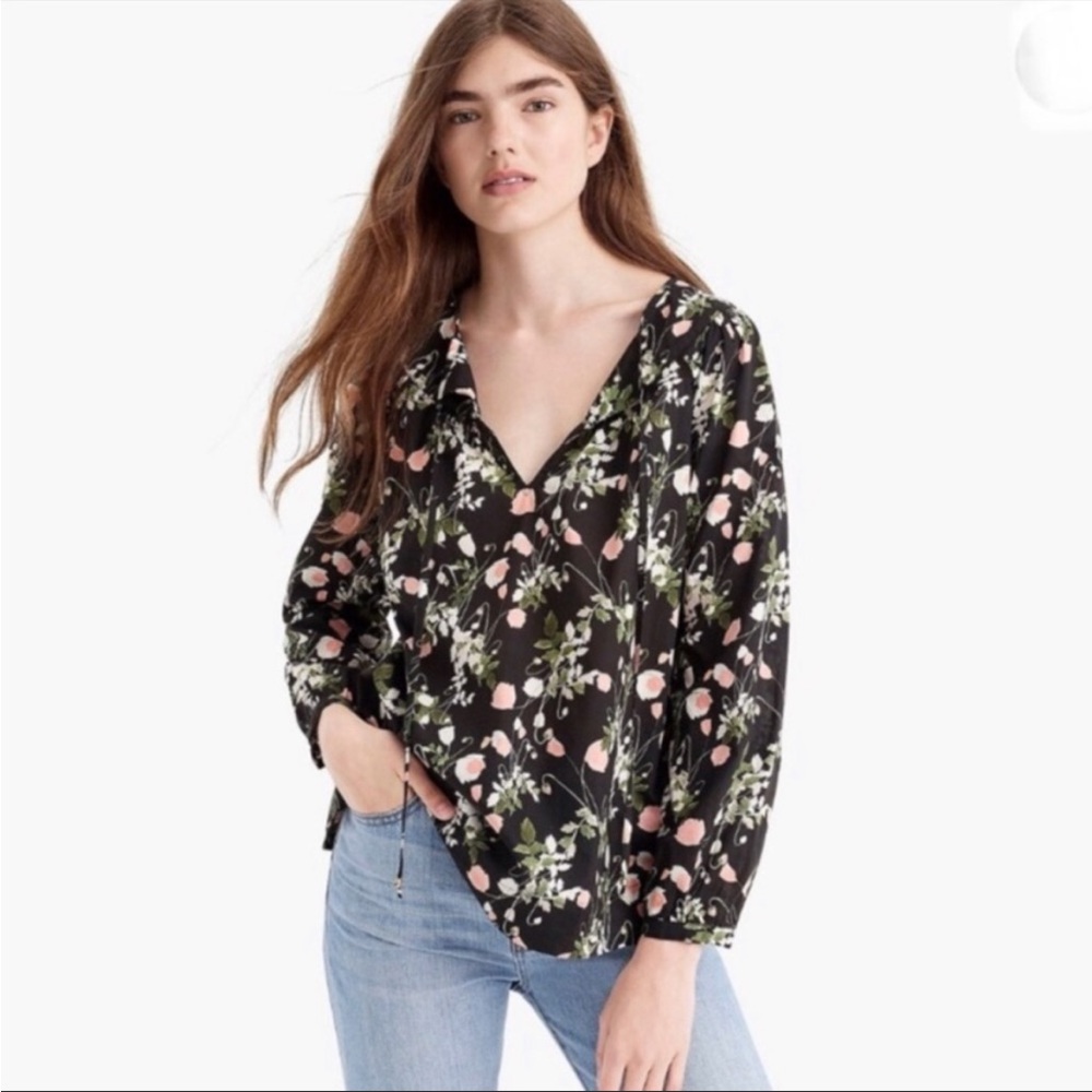 J. Crew Black Poppy Dream Liberty Floral Front Tie Peasant Blouse